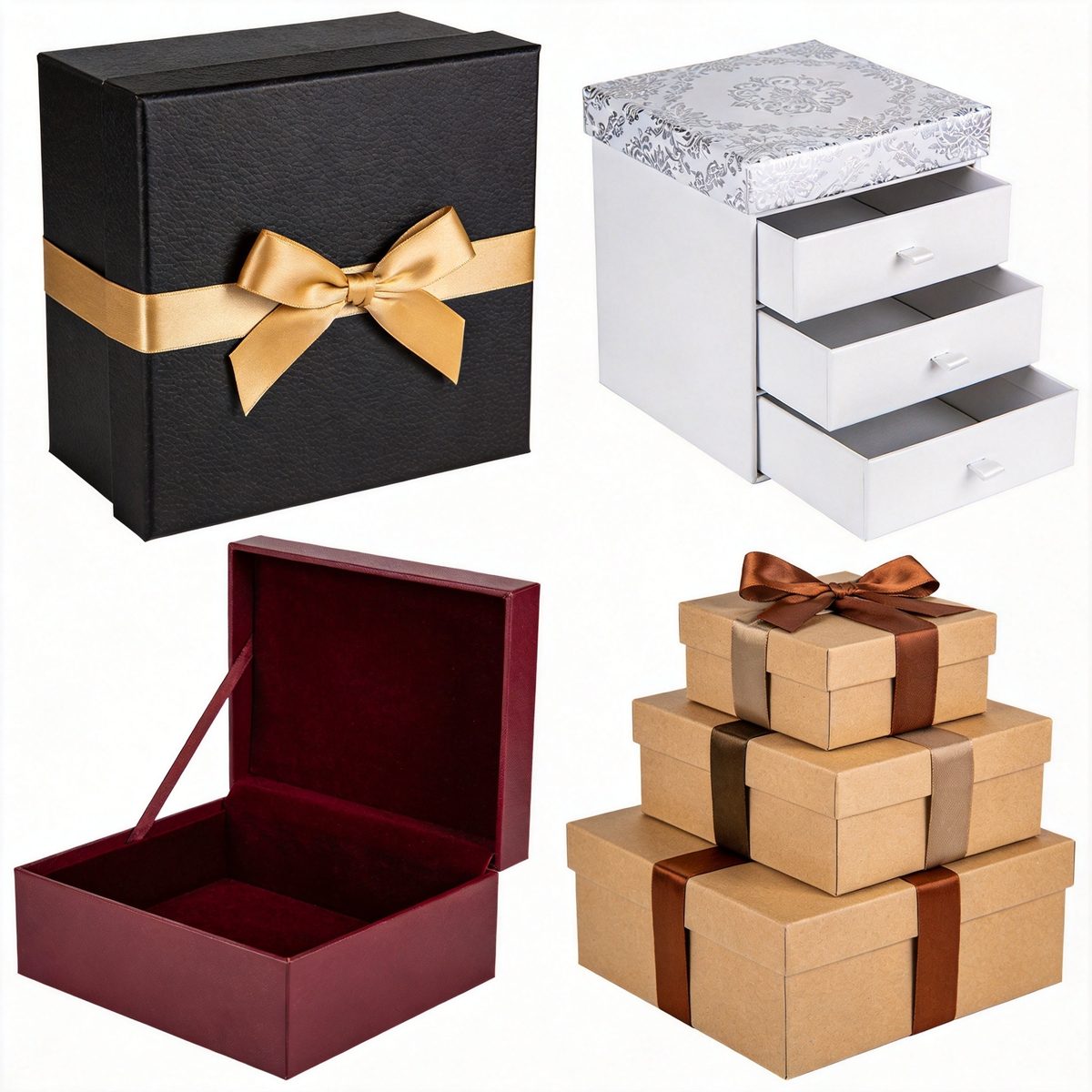 Premium rigid gift box with textured black paper and gold ribbon