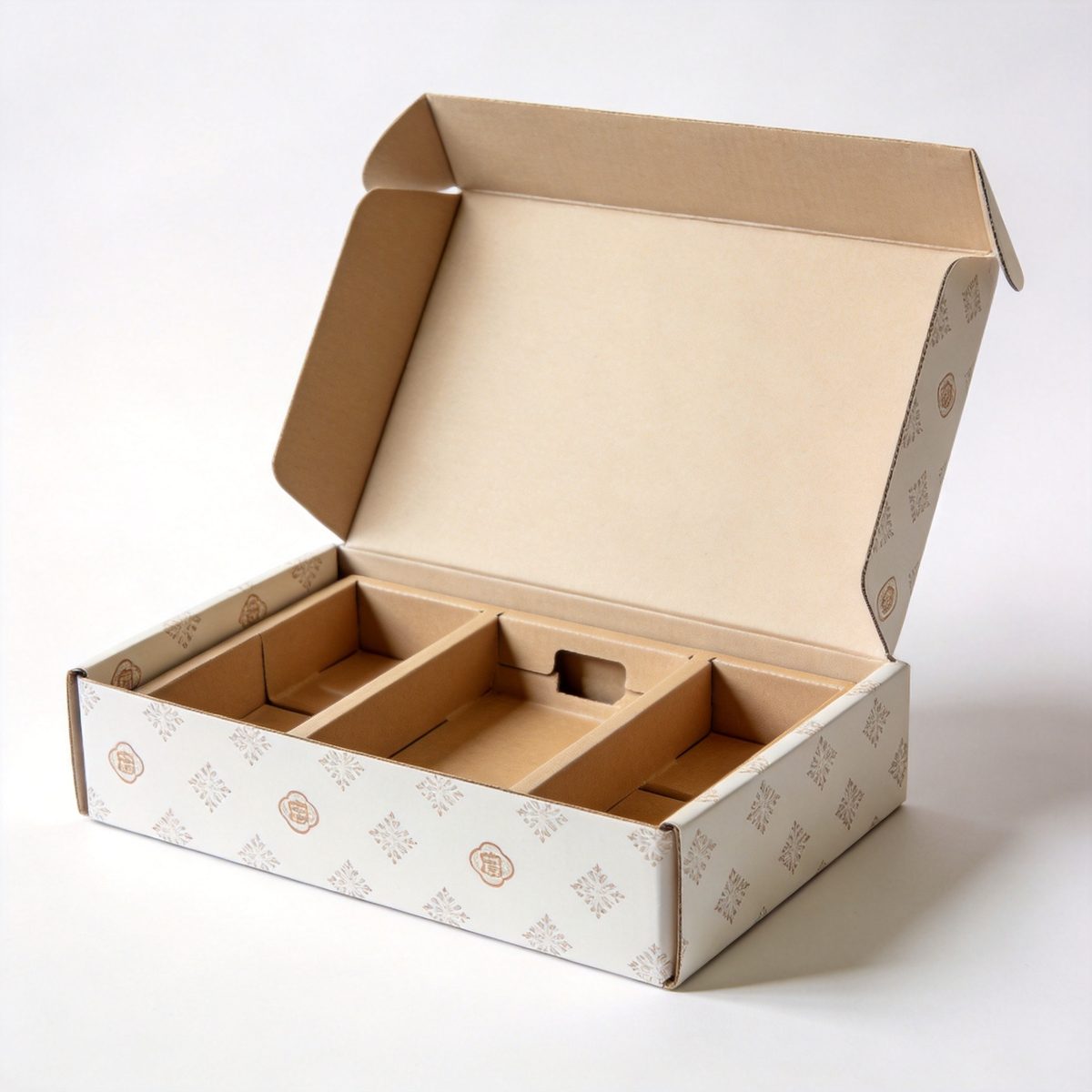 Open custom printed box showing interior printing and custom insert