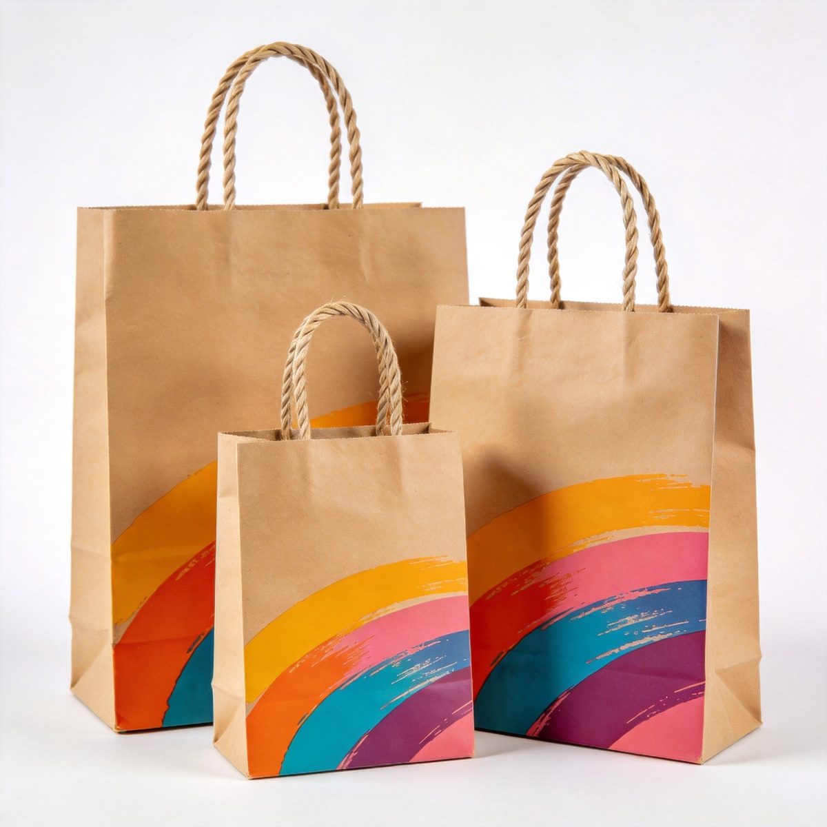 Set of kraft paper bags in different sizes with colorful branding