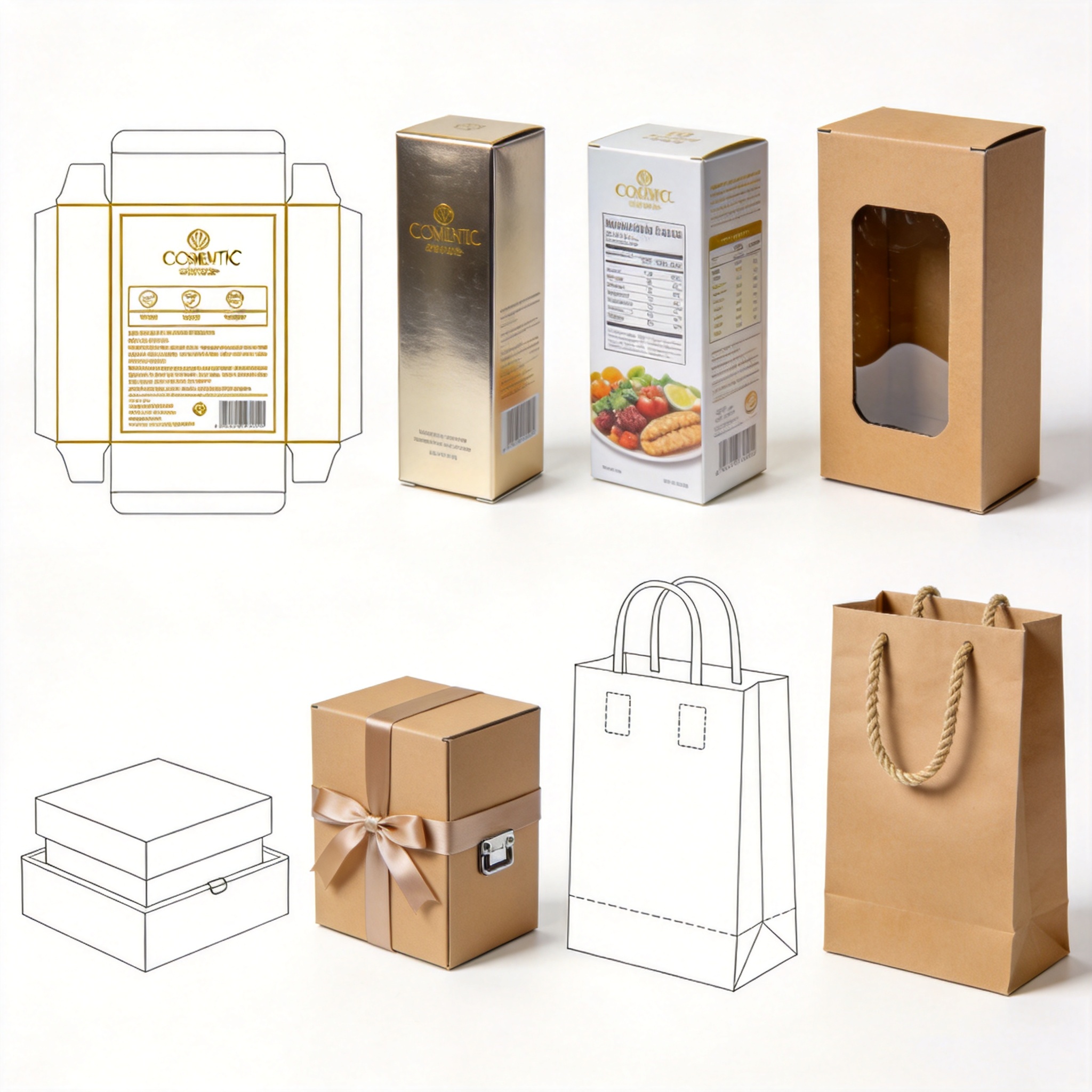 Paper bag flat template next to finished kraft bag with twisted rope handles