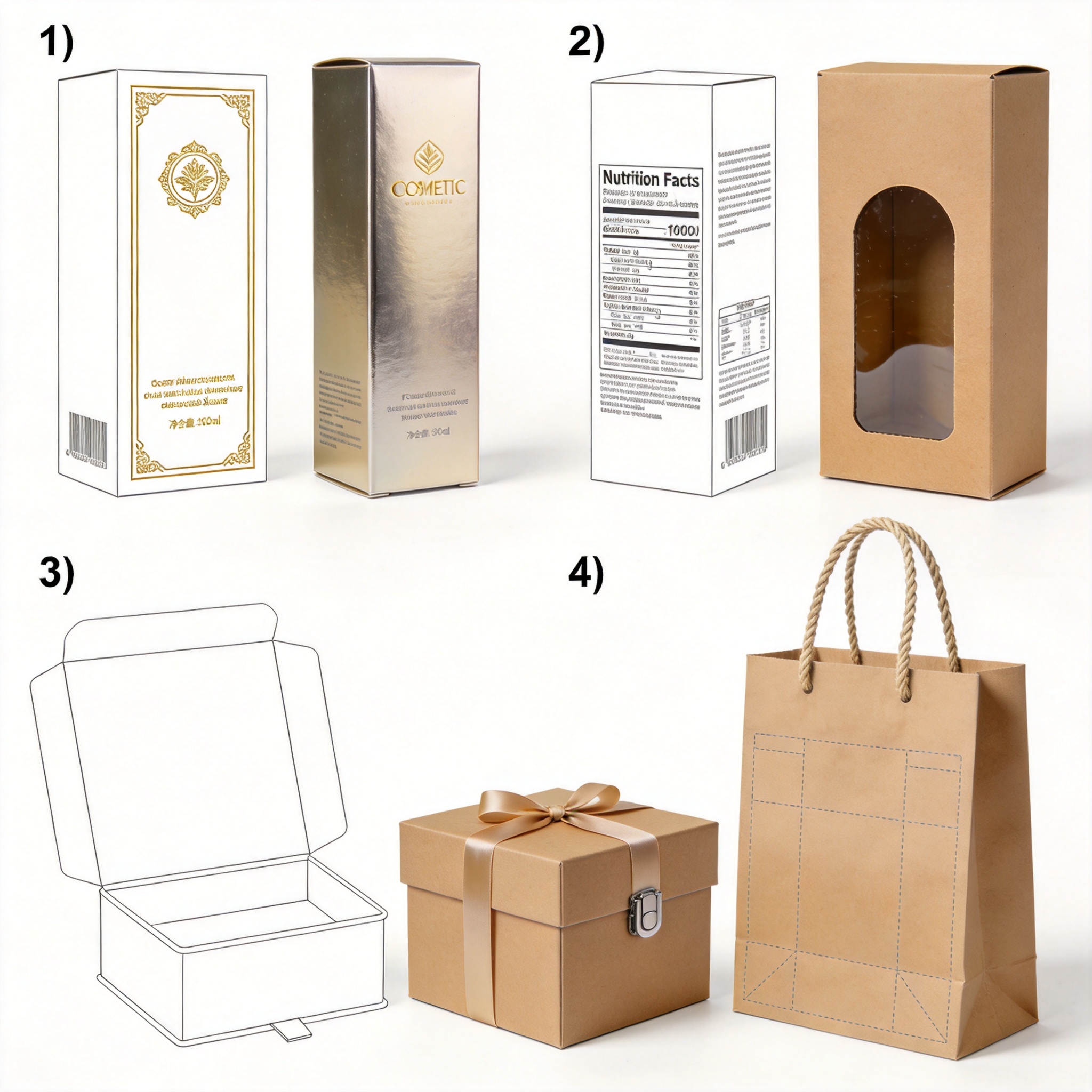 Cosmetic box die-line with gold foil layout next to finished luxury skincare box