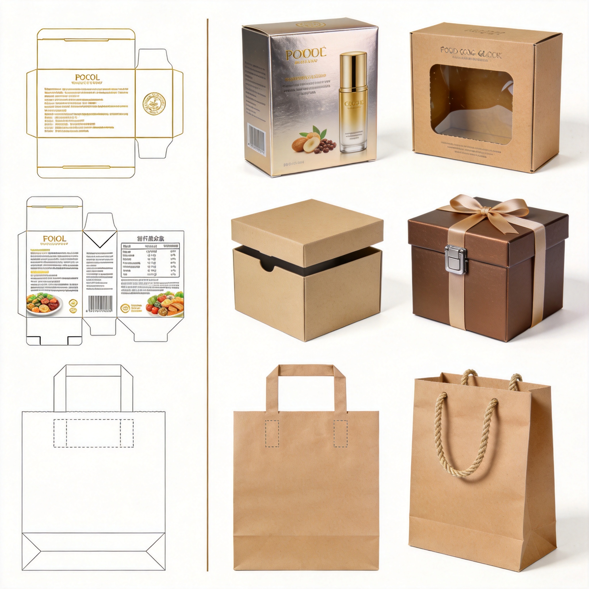 Food packaging template with nutrition label next to finished kraft box with window