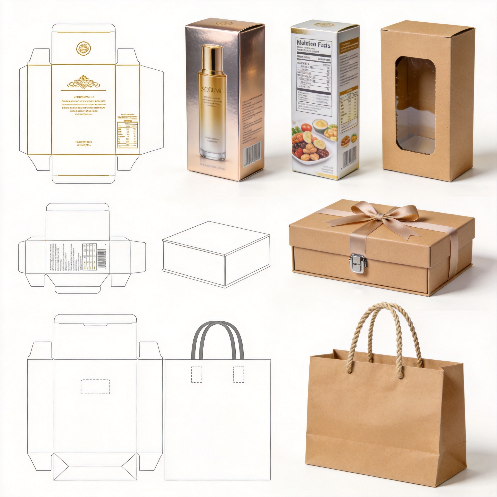 Rigid gift box template next to finished magnetic closure box with ribbon