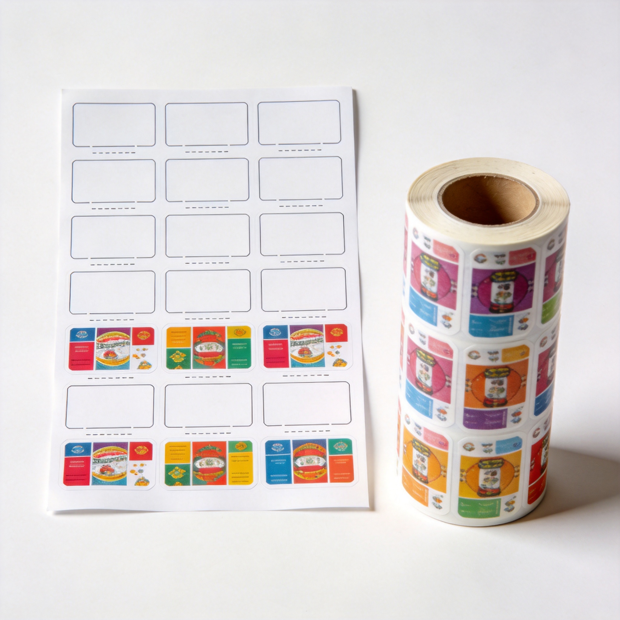 Label sheet template next to finished label roll
