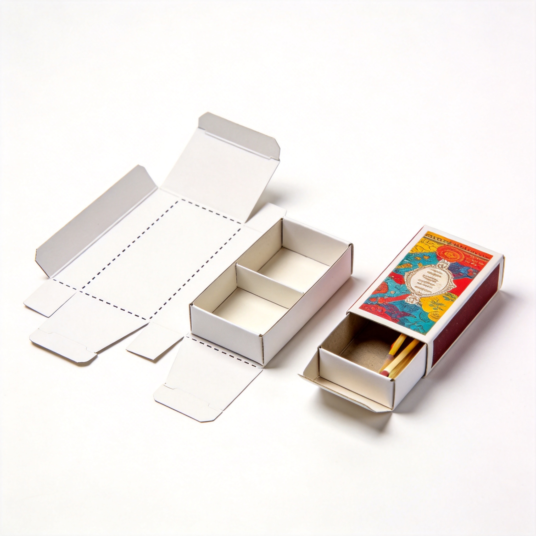 Sleeve box template next to finished matchbox-style box
