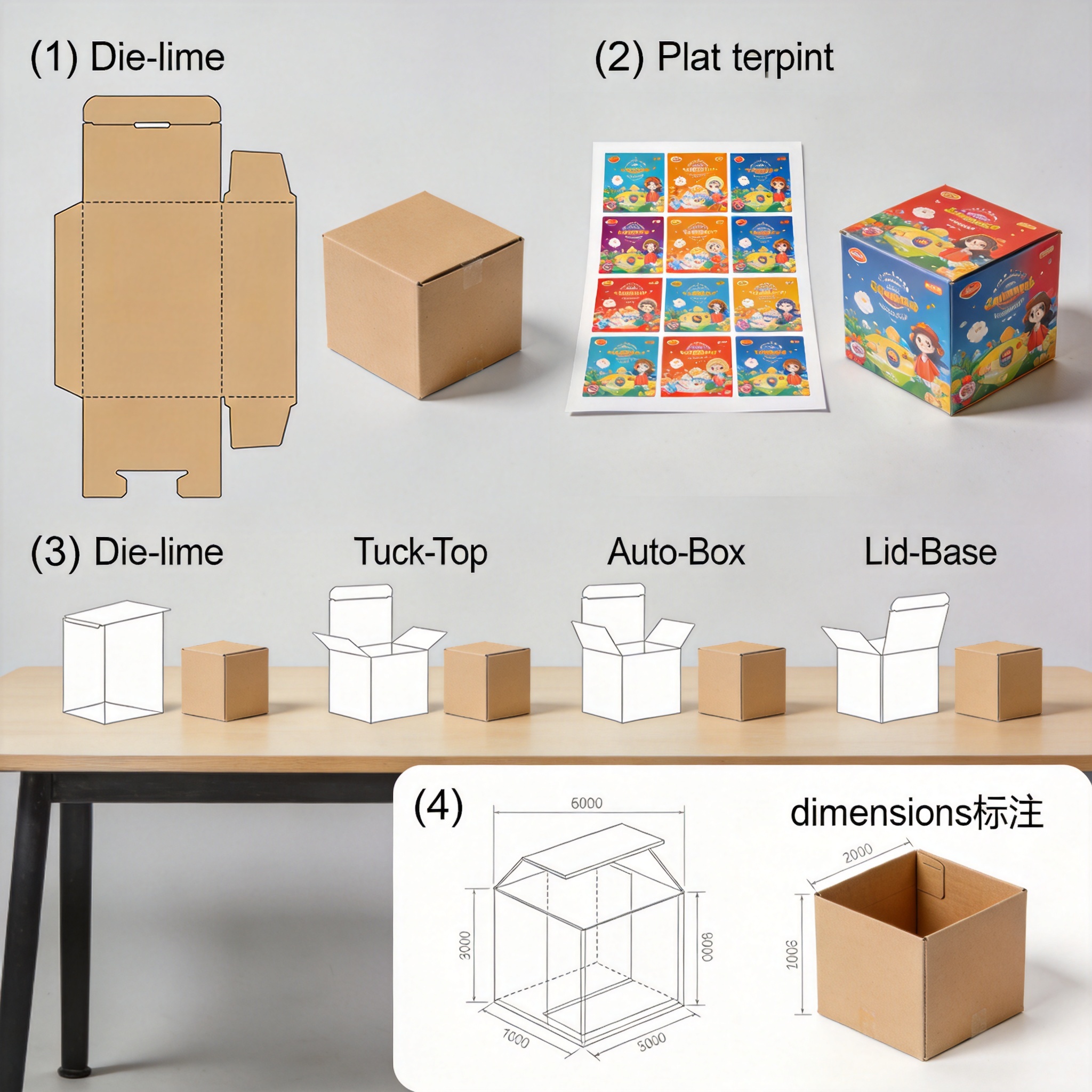 Flat die-line template next to finished folded box