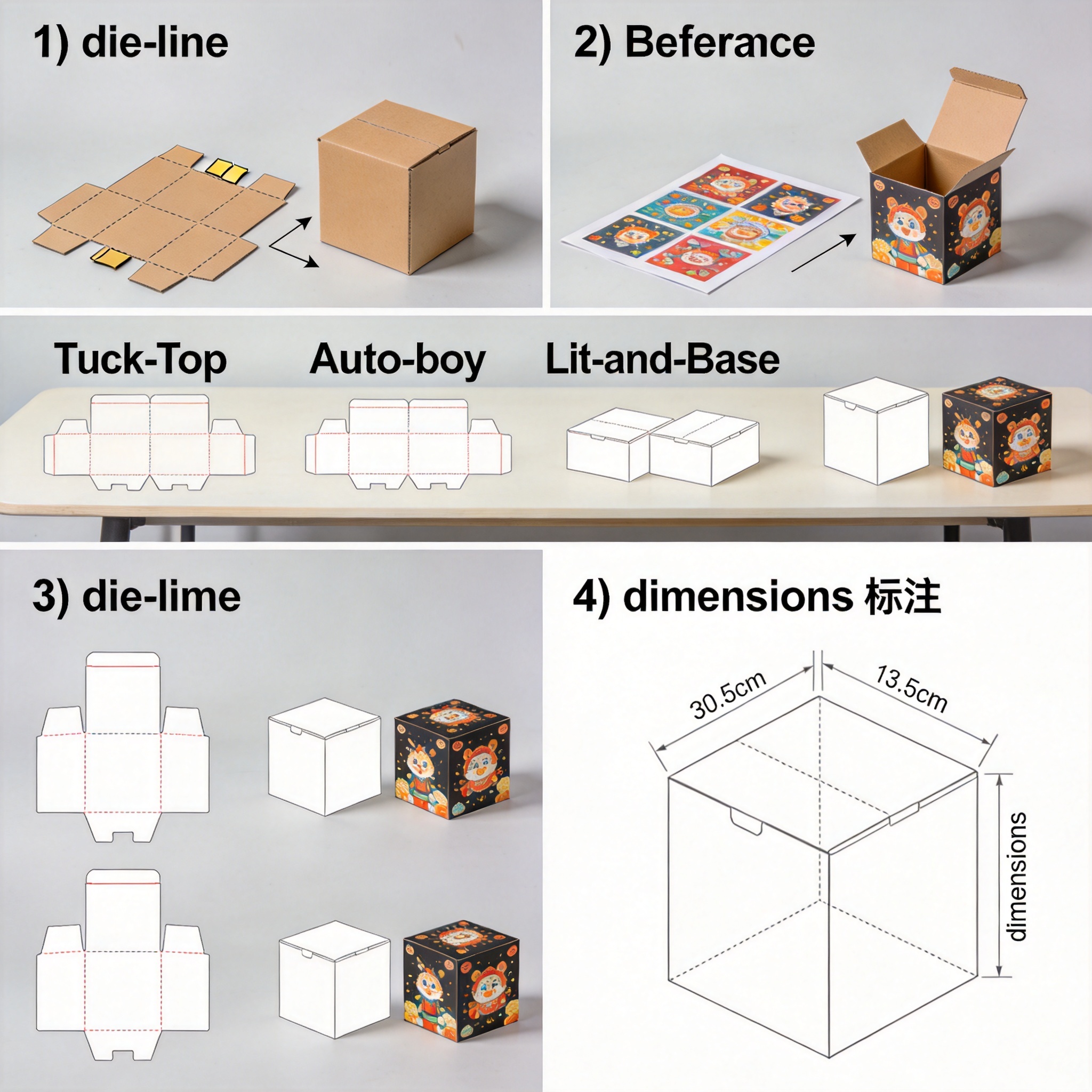 Printed flat sheet with box artwork next to assembled 3D box
