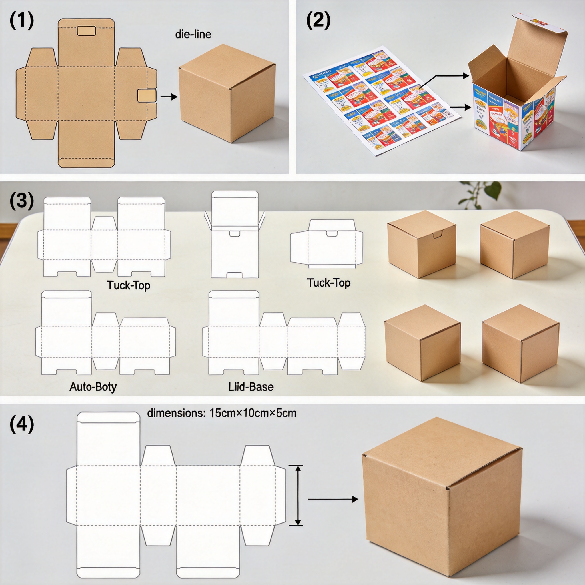 Multiple die-line templates with corresponding finished boxes