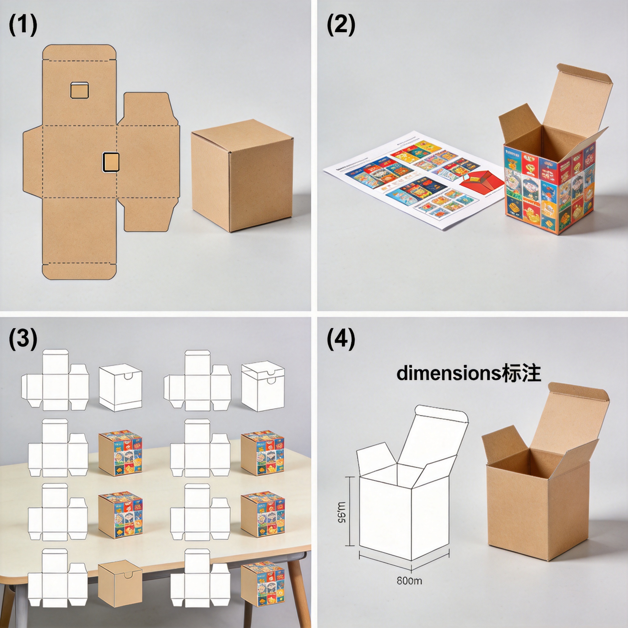 Box structure technical drawing with dimensions next to manufactured box