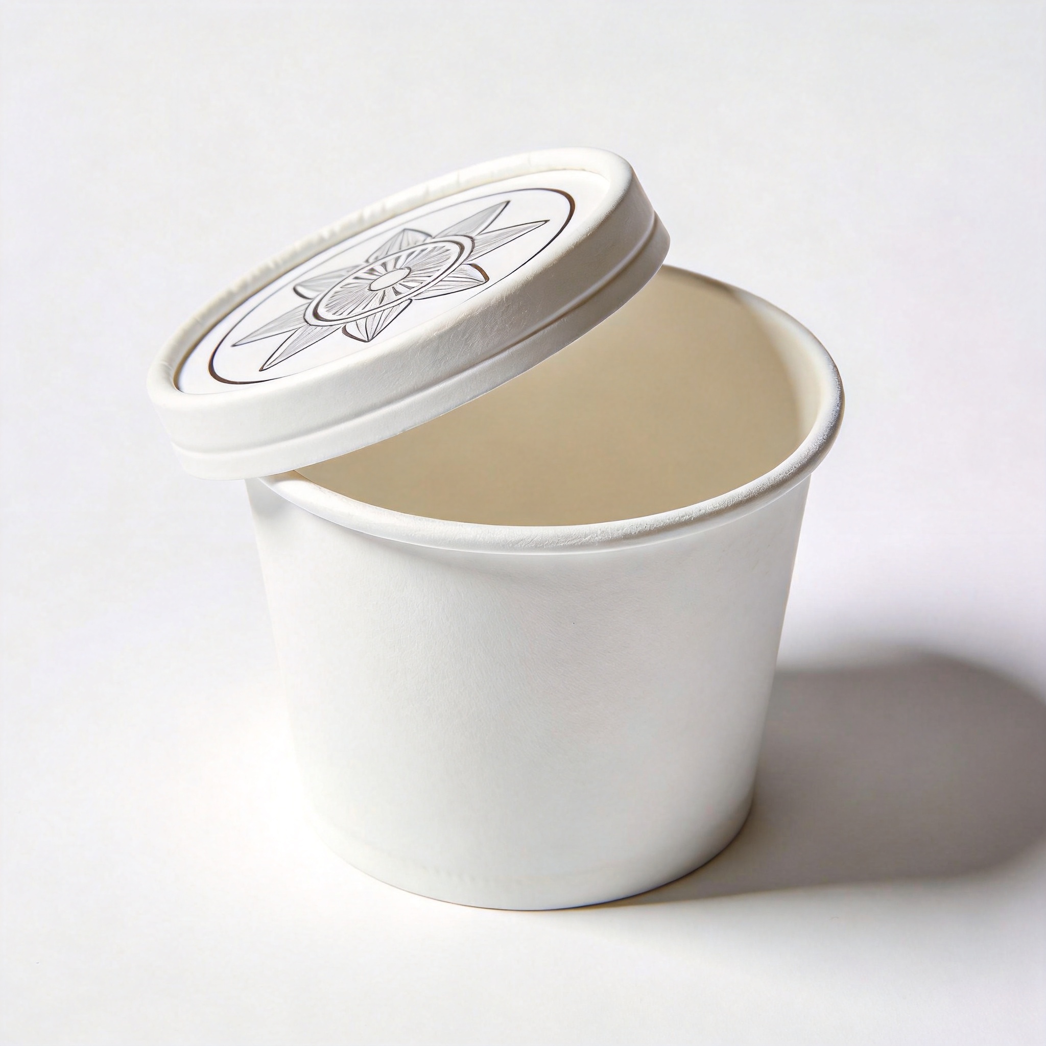 Empty white paper ice cream tub with printed lid