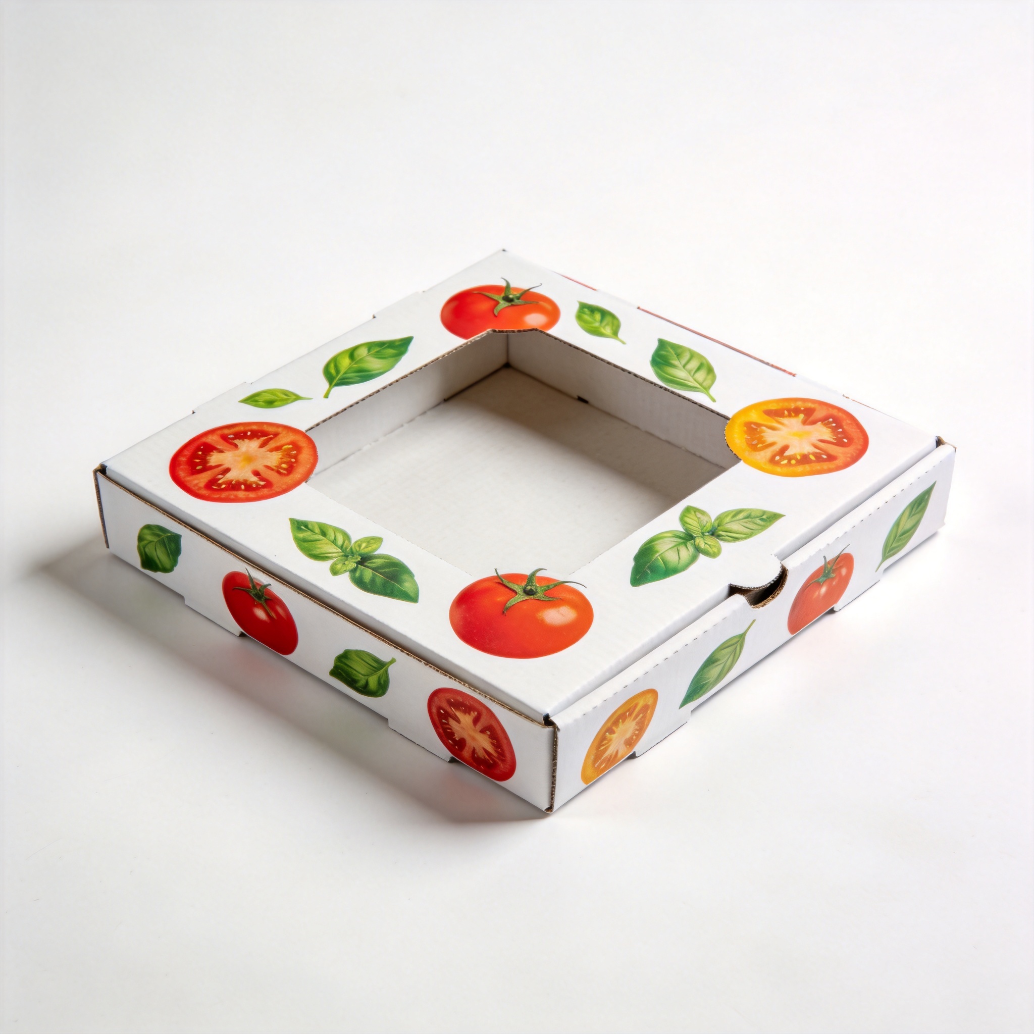 Empty white pizza box with Italian graphics