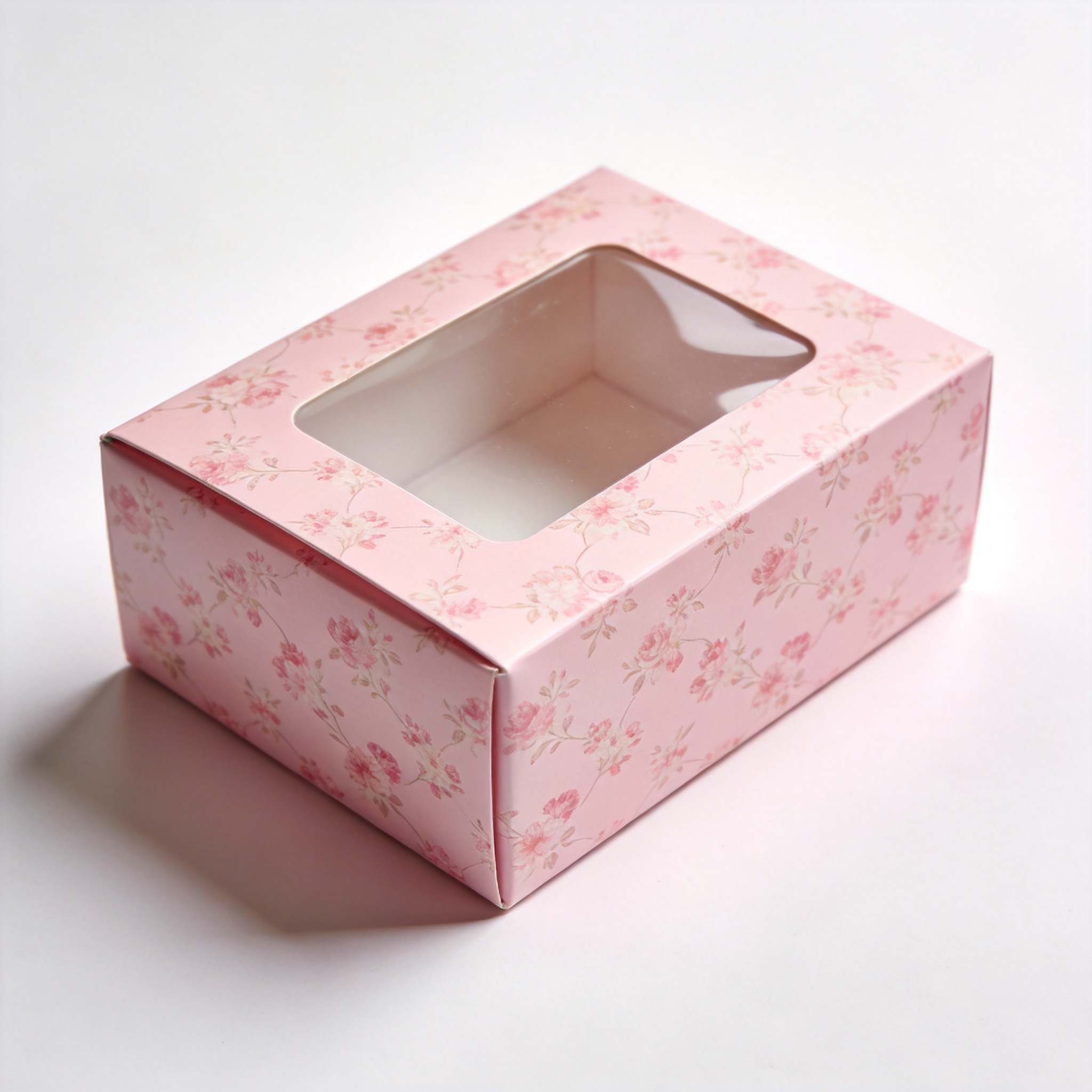 Empty pink pastry box with floral pattern and window