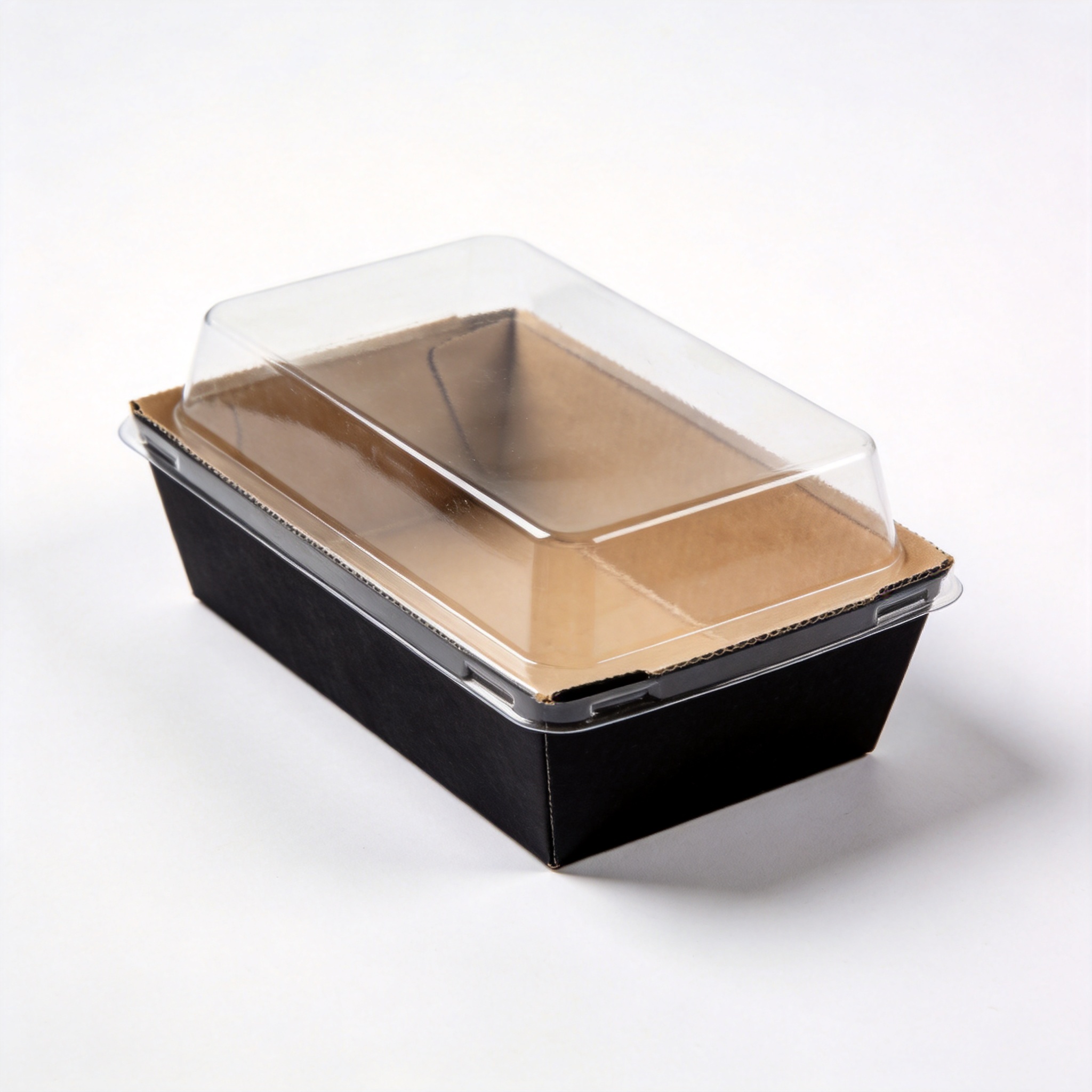Empty black cardboard food container with paper-based lid