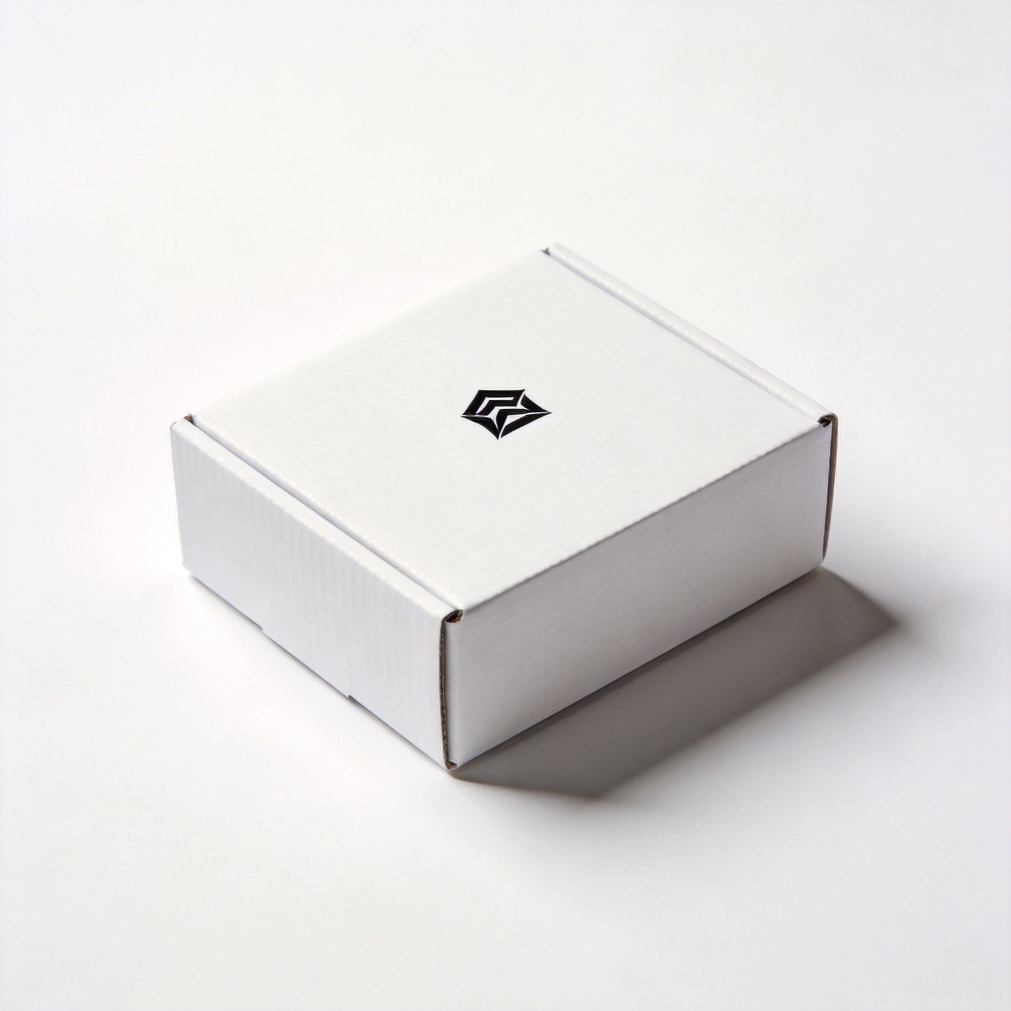 Single white mailer box with small black logo on lid