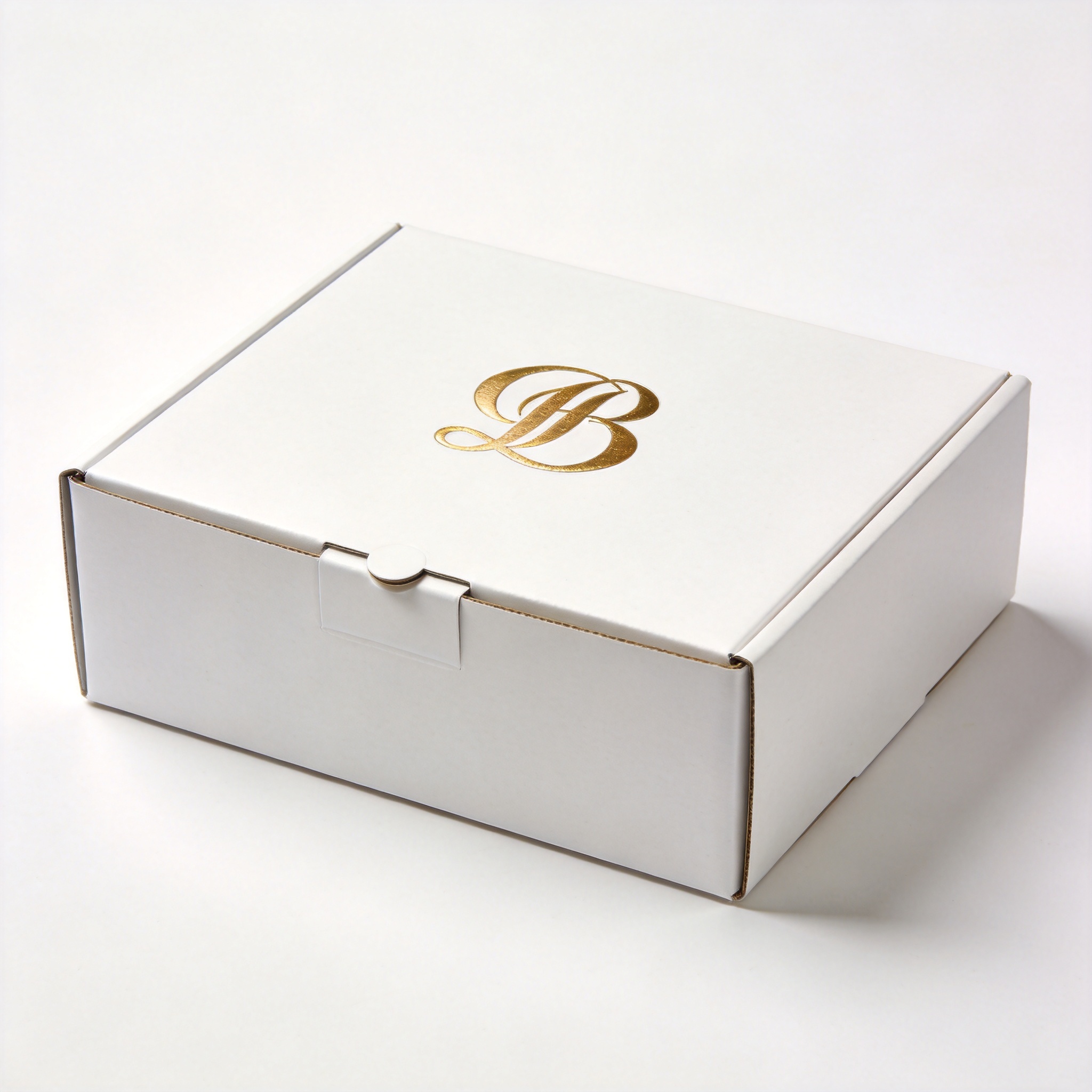 Single large white mailer box with magnetic closure and gold foil logo