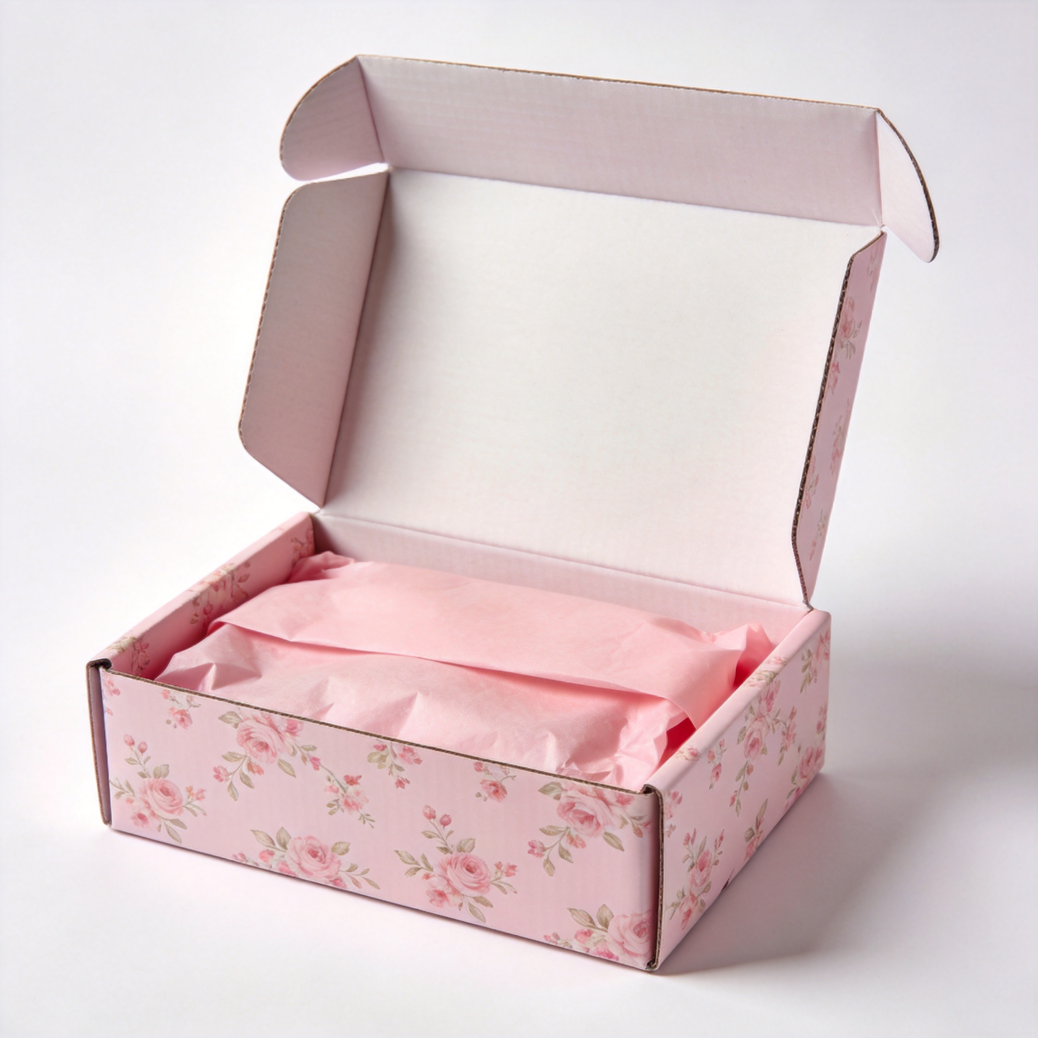 Single pastel pink mailer box with floral pattern