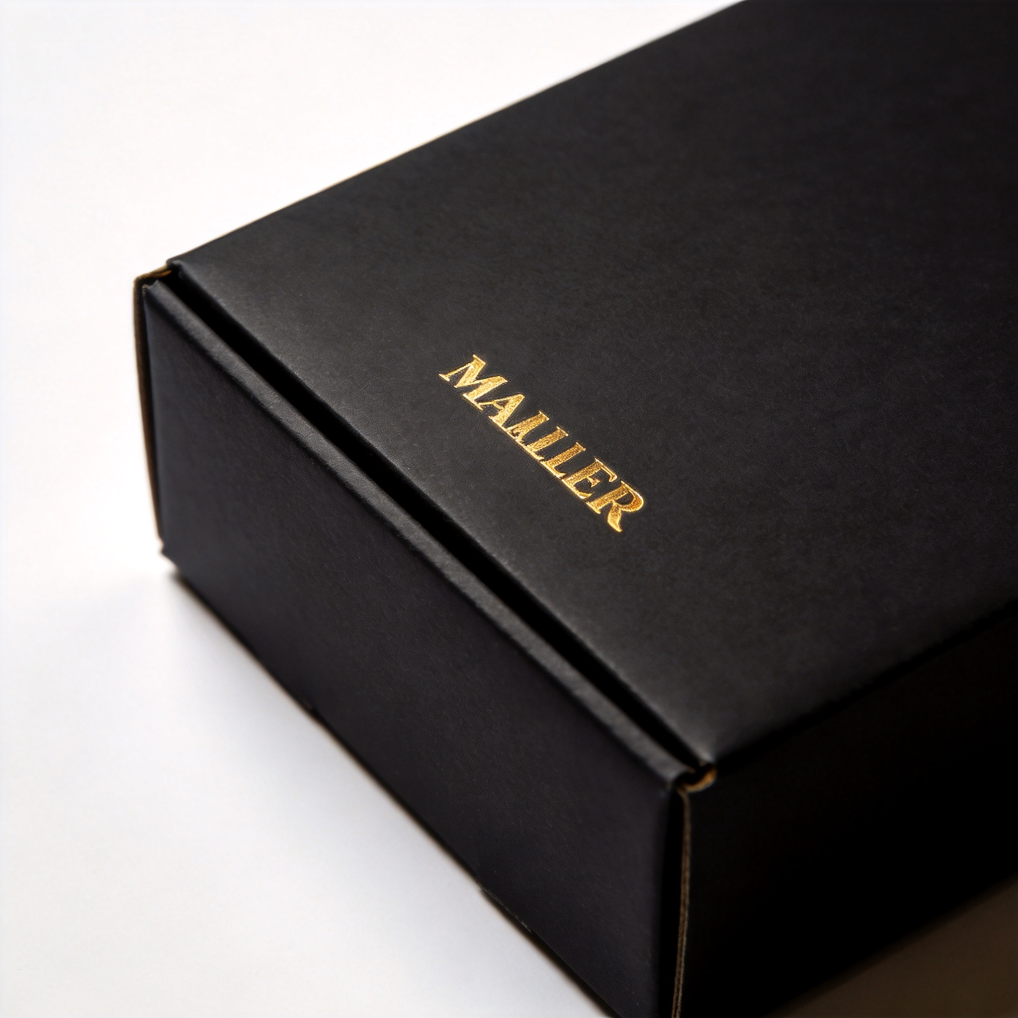 Single matte black mailer box with gold hot foil stamping
