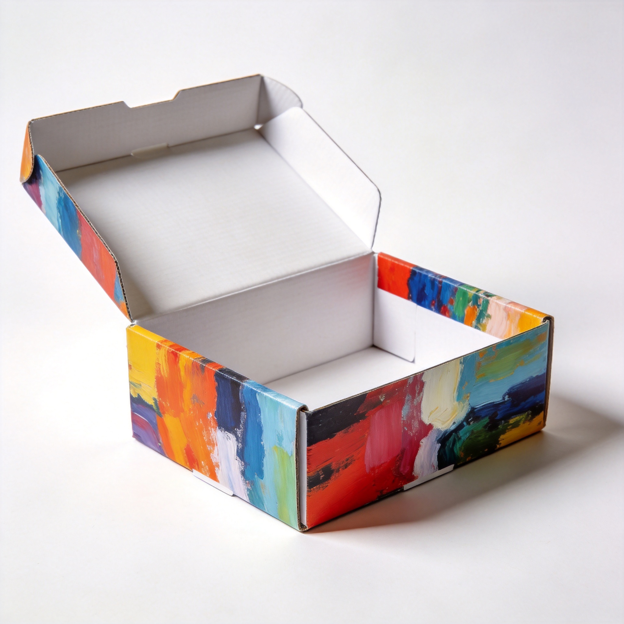 Single white mailer box with colorful abstract art printing
