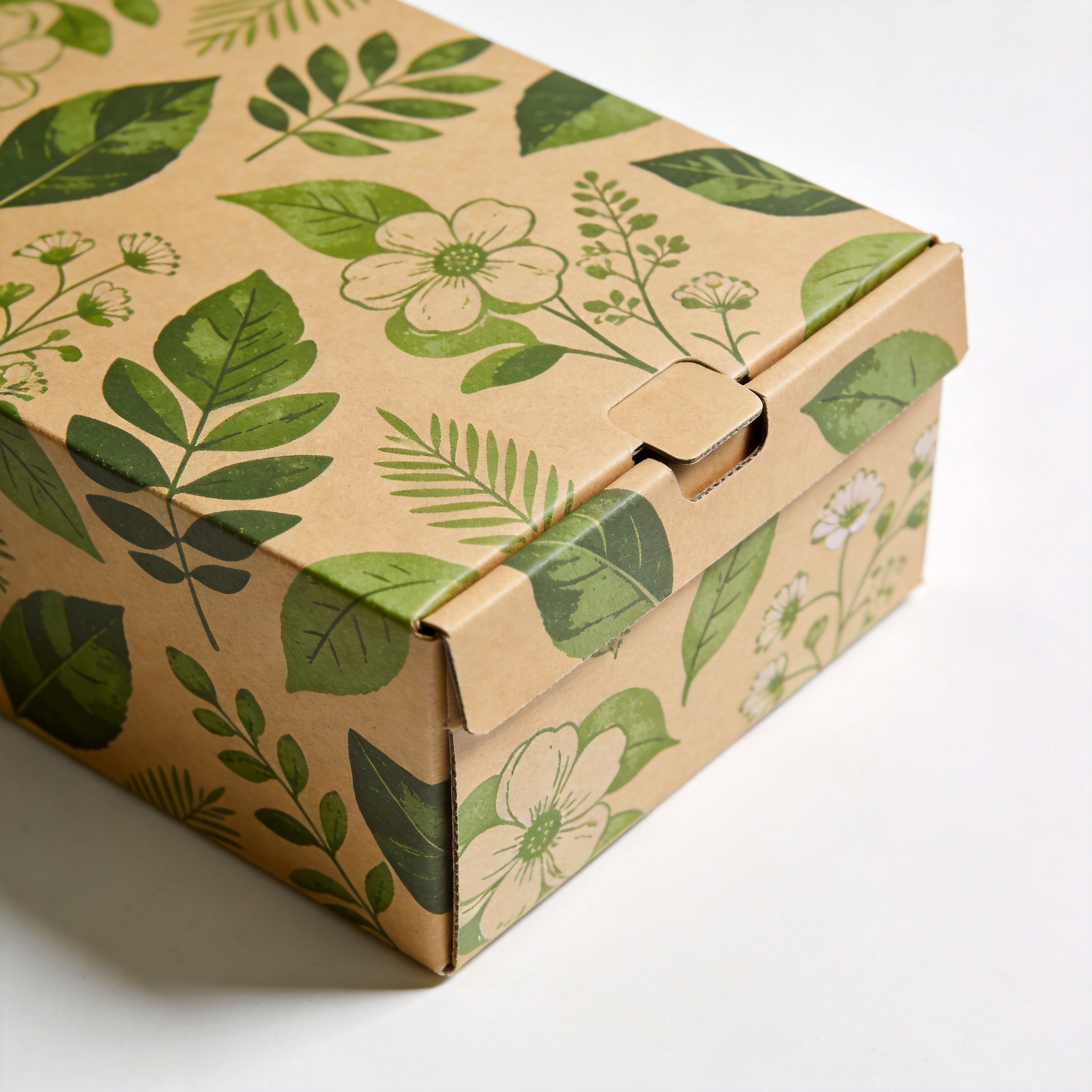 Single eco-friendly green kraft mailer box with botanical print