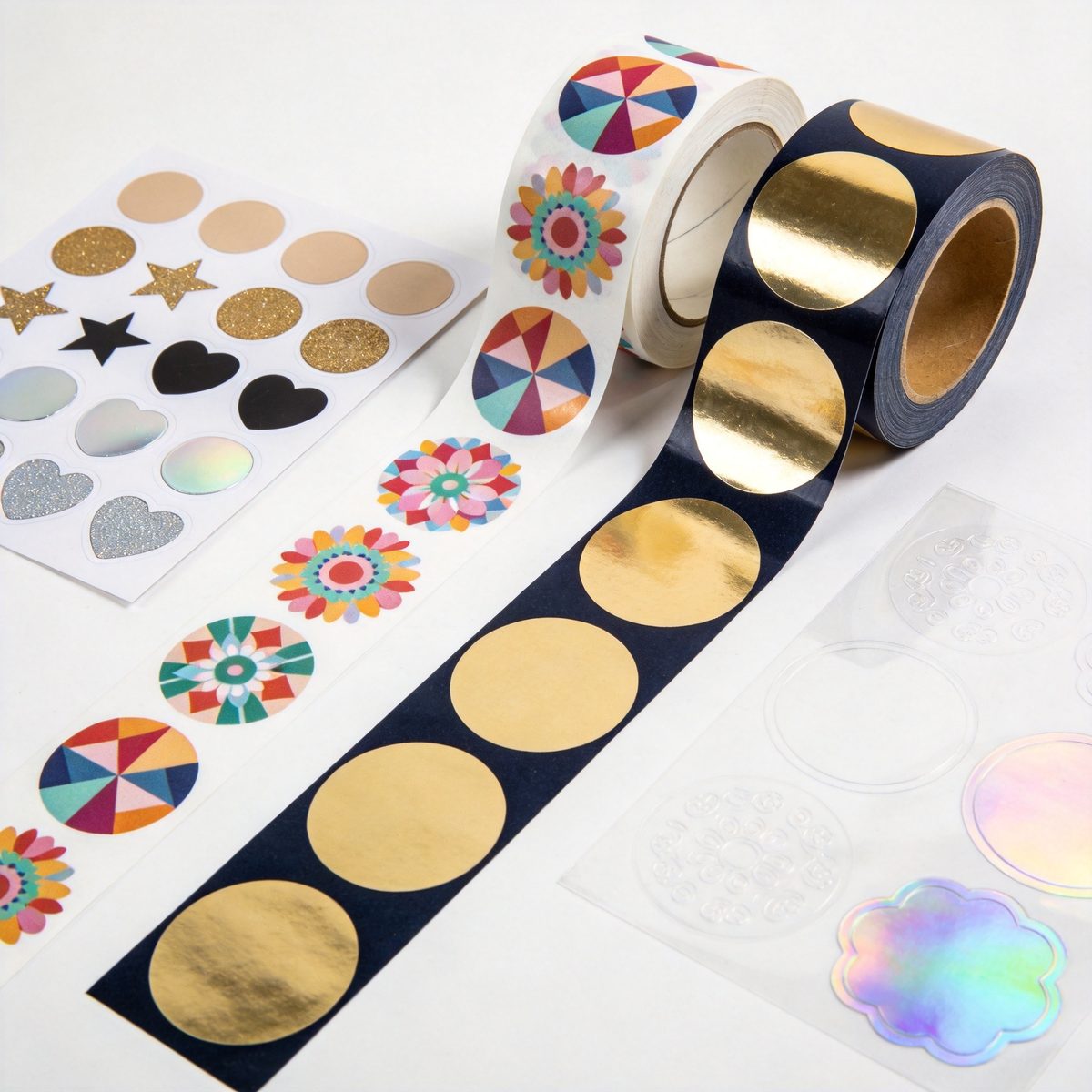 Custom printed label rolls with colorful designs