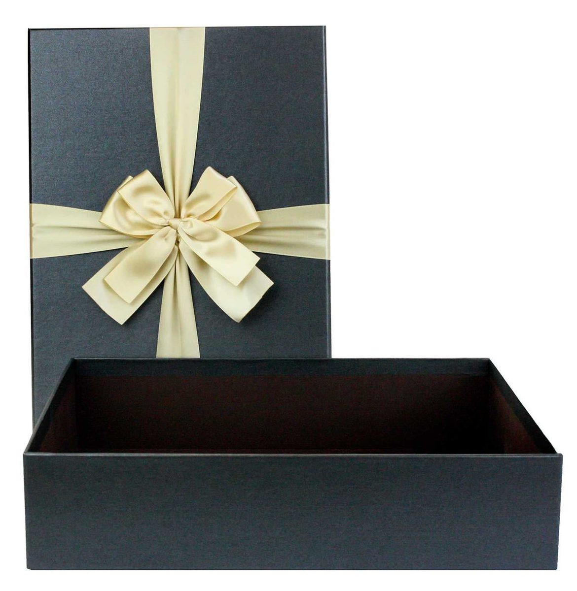 Black rigid gift box with cream ribbon bow